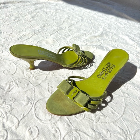 Green Claretta Leather Kitten Heel Sandals by Salvatore Ferragamo Size 9 - Picture 2 of 14